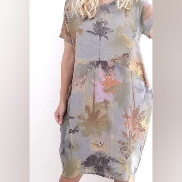 Helga May Dresses & Skirts - Helga May Linen Jungle Dress Bungalow Grey Italy Lagenlook Pockets Palm Tree